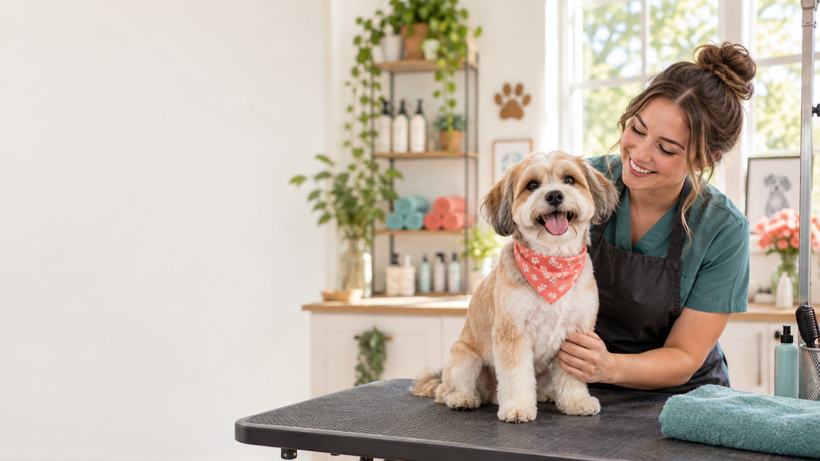 A groomer with a happy dog after an appointment